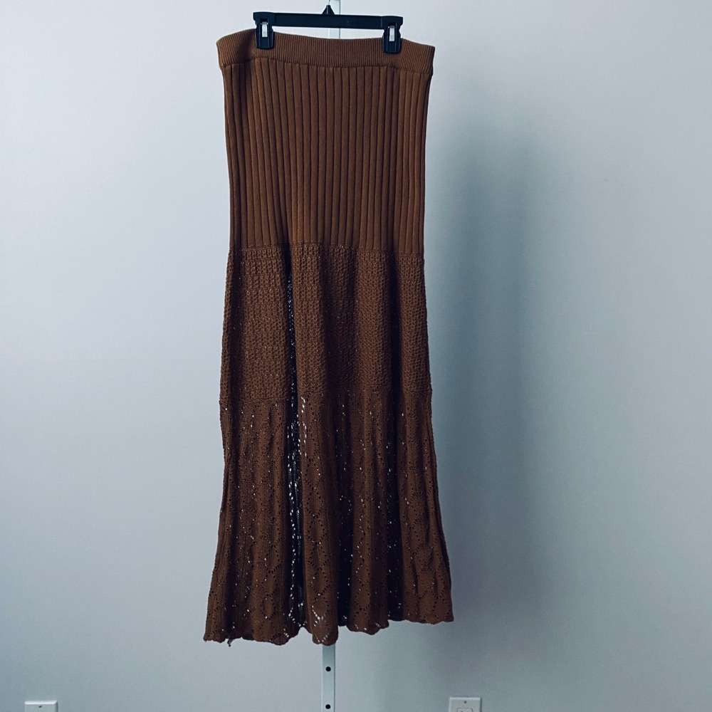 Free People Boho Fairy Open Knit Crochet Slit Maxi Skirt S Brown